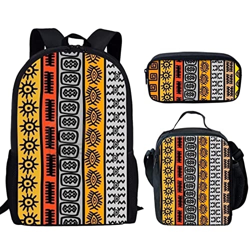 Binienty Fashion School Shoulder Bag 3 in 1 for Kid Boys Girls, Backpack + Lunch Bag + Pencil Case, African Print-2, Einheitsgröße von Binienty