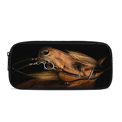 Binienty Federmäppchen Stiftbeutel Stifteboxen Federmäppchen Einfache Federtasche Braun Pferd Tier Druck Stiftetui Büro Schulbedarf für Kinder Studenten mit Reißverschluss von Binienty