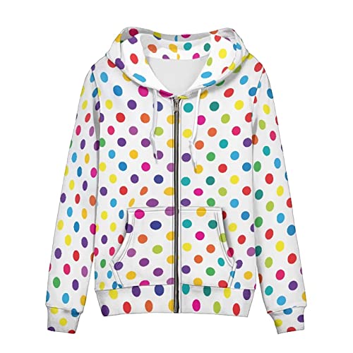 Binienty Frauen Casual Full Zip Up Plüsch Hoodie Bequem Loose Grafik Sweatshirt Langarm Jacke mit Taschen, Bunte Punkte, 42 von Binienty