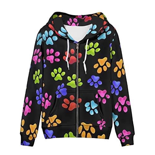 Binienty Frauen Casual Full Zip Up Plüsch Hoodie Bequem Loose Grafik Sweatshirt Langarm Jacke mit Taschen, Pfotenabdrücke, 42 von Binienty