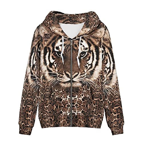 Binienty Frauen Casual Full Zip Up Plüsch Hoodie Bequem Loose Grafik Sweatshirt Langarm Jacke mit Taschen, Tigerprint, 42 von Binienty