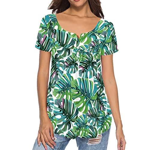 Binienty Frauen Casual Tops Kurzarm Sommer T-Shirt V Ausschnitt Knopf Lose Bequeme Bluse Leicht Niedlich, Monstera Blätter, X-Large von Binienty