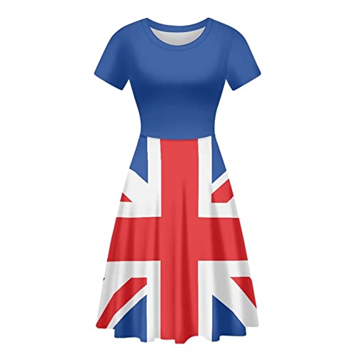 Binienty Grafikdruck Damen Kleider Puffy O-Ausschnitt Rundhals Länge Swing Sommer Casual Kurzarm Plus Size S-4XL, Union Jack Design, XXXXL von Binienty