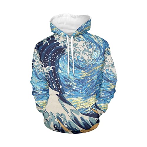 Binienty Grafikdruck Herren Neuheit Hoodie Langarm 3D Lustiges Muster Sweatshirt Pullover mit Tasche, Übergröße S-6XL, Seewelle, XXXXXX-Large von Binienty