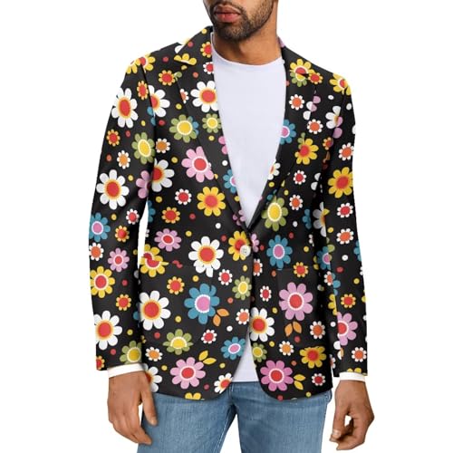 Binienty Herren-Blazer mit einem Knopf, Übergröße, leicht, weich, dehnbar, langärmelig, XS-5XL, Schwarze Hippie-Blume, 2XL von Binienty