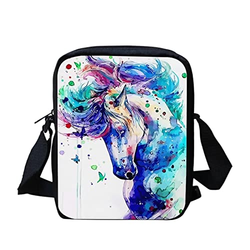 Binienty Kinder Kuriertasche, kleine Umhängetasche, Schultertaschen für Reisen, Schule, Wandern, Aquarell Pferd-2, Einheitsgröße von Binienty