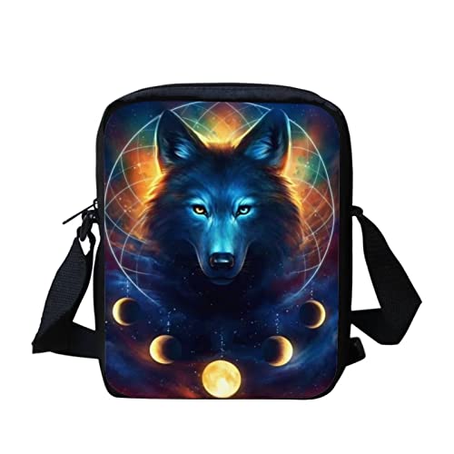 Binienty Kinder Kuriertasche, kleine Umhängetasche, Schultertaschen für Reisen, Schule, Wandern, Wolf Mond-2 (Wolfsmon, Einheitsgröße von Binienty