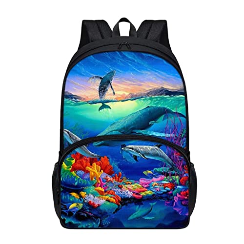 Binienty Kinder-Rucksack, Mädchen, Grundschultaschen für Teenager, Grundbuchtaschen, 43,2 cm, doppellagig, leicht, wasserdicht, stabiler Rucksack, Wal-Delfin. von Binienty