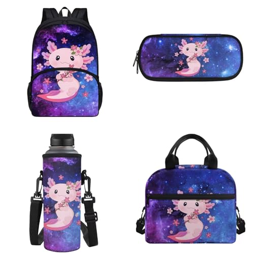 Binienty Kinder-Rucksack, Schultasche für Teenager, Mädchen, Jungen, Büchertaschen-Set, lässiger Tagesrucksack mit Lunchtasche, Federmäppchen, Wasserflaschentasche, Galaxy Axolotl, Einheitsgröße von Binienty