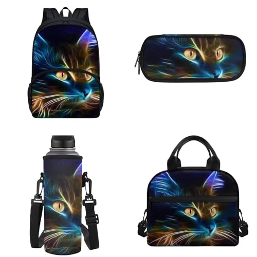 Binienty Kinder-Rucksack, Schultasche für Teenager, Mädchen, Jungen, Büchertaschen-Set, lässiger Tagesrucksack mit Lunchtasche, Federmäppchen, Wasserflaschentasche, Galaxy Cat, Einheitsgröße von Binienty