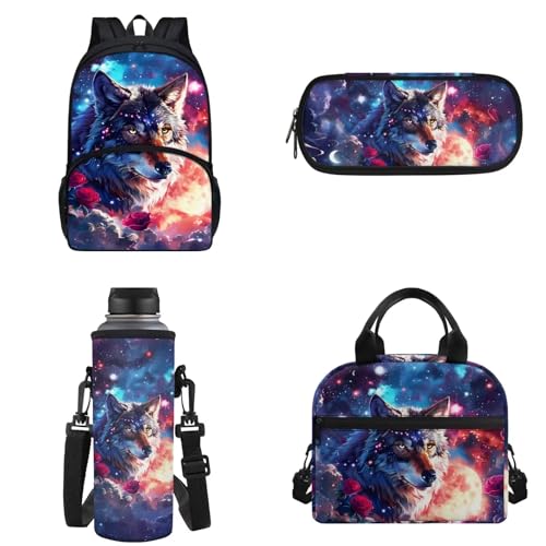 Binienty Kinder-Rucksack, Schultasche für Teenager, Mädchen, Jungen, Büchertaschen-Set, lässiger Tagesrucksack mit Lunchtasche, Federmäppchen, Wasserflaschentasche, Galaxy Rose Wolf, Einheitsgröße von Binienty