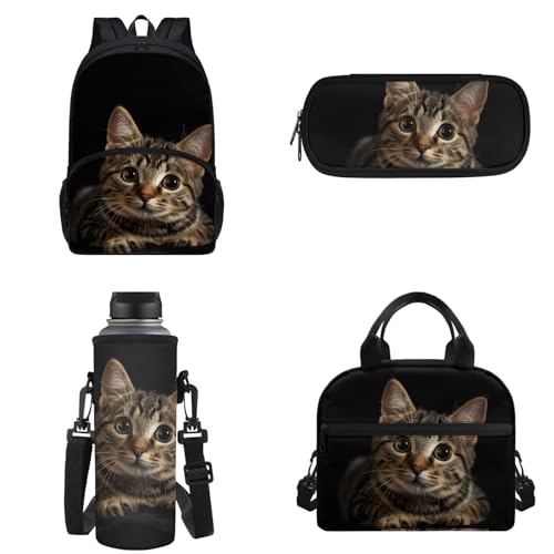 Binienty Kinder-Rucksack, Schultasche für Teenager, Mädchen, Jungen, Büchertaschen-Set, lässiger Tagesrucksack mit Lunchtasche, Federmäppchen, Wasserflaschentasche, Katze, niedlich, Einheitsgröße von Binienty