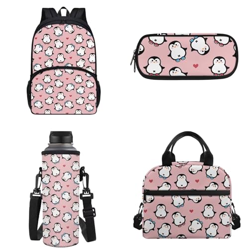 Binienty Kinder-Rucksack, Schultasche für Teenager, Mädchen, Jungen, Büchertaschen-Set, lässiger Tagesrucksack mit Lunchtasche, Federmäppchen, Wasserflaschentasche, Niedlicher Cartoon-Pinguin, von Binienty