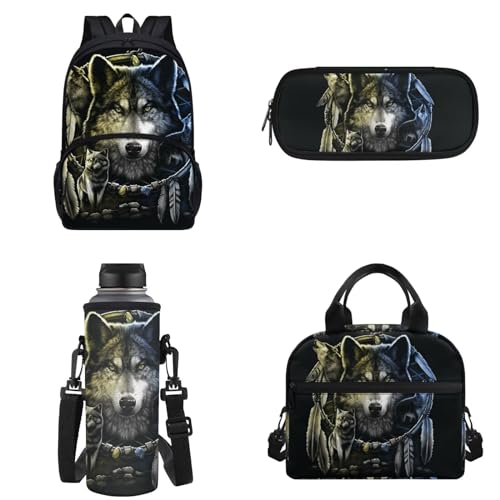 Binienty Kinder-Rucksack, Schultasche für Teenager, Mädchen, Jungen, Büchertaschen-Set, lässiger Tagesrucksack mit Lunchtasche, Federmäppchen, Wasserflaschentasche, Traumfänger Wolf, Einheitsgröße von Binienty