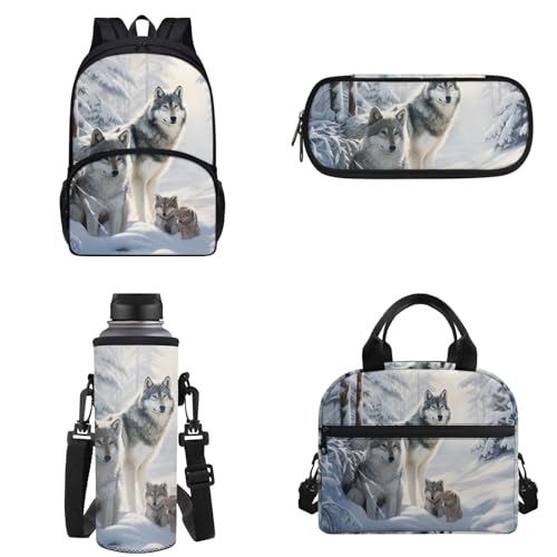 Binienty Kinder-Rucksack, Schultasche für Teenager, Mädchen, Jungen, Büchertaschen-Set, lässiger Tagesrucksack mit Lunchtasche, Federmäppchen, Wasserflaschentasche, Wolf Familie, Einheitsgröße von Binienty