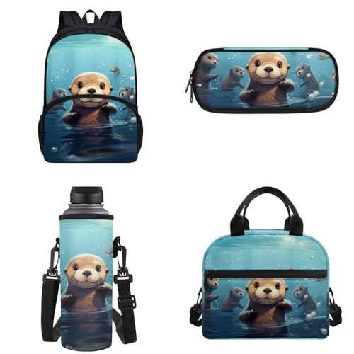 Binienty Kinder-Rucksack für Teenager, Mädchen, Jungen, Büchertaschen-Set, lässige Schultasche mit Lunchtasche, Federmäppchen, Wasserflaschentasche, Cartoon-Otter., Einheitsgröße von Binienty