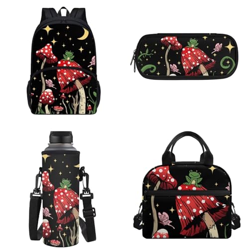 Binienty Kinder-Rucksack für Teenager, Mädchen, Jungen, Büchertaschen-Set, lässige Schultasche mit Lunchtasche, Federmäppchen, Wasserflaschentasche, Mushroom Night, Einheitsgröße von Binienty