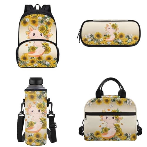 Binienty Kinder-Rucksack für Teenager, Mädchen, Jungen, Büchertaschen-Set, lässige Schultasche mit Lunchtasche, Federmäppchen, Wasserflaschentasche, Sunflower Daisy Axolotl, Einheitsgröße von Binienty