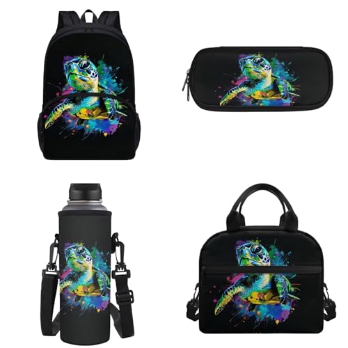 Binienty Kinder-Rucksack für Teenager, Mädchen, Jungen, Schultasche, 4-in-1-Set, Schultasche mit Lunchtasche, Federmäppchen, Wasserflaschentasche, Aquarell-Schildkröte, Einheitsgröße von Binienty