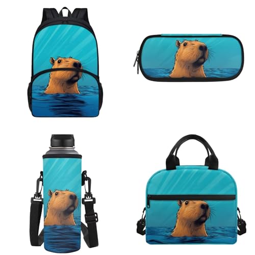 Binienty Kinder-Rucksack für Teenager, Mädchen, Jungen, Schultasche, 4-in-1-Set, Schultasche mit Lunchtasche, Federmäppchen, Wasserflaschentasche, Capybara, Einheitsgröße von Binienty