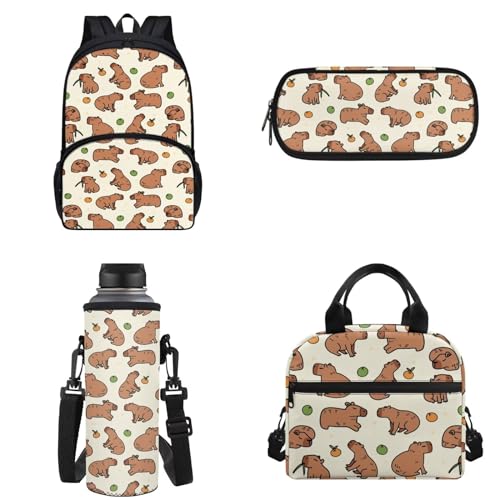 Binienty Kinder-Rucksack für Teenager, Mädchen, Jungen, Schultasche, 4-in-1-Set, Schultasche mit Lunchtasche, Federmäppchen, Wasserflaschentasche, Cartoon-Capybara, Einheitsgröße von Binienty