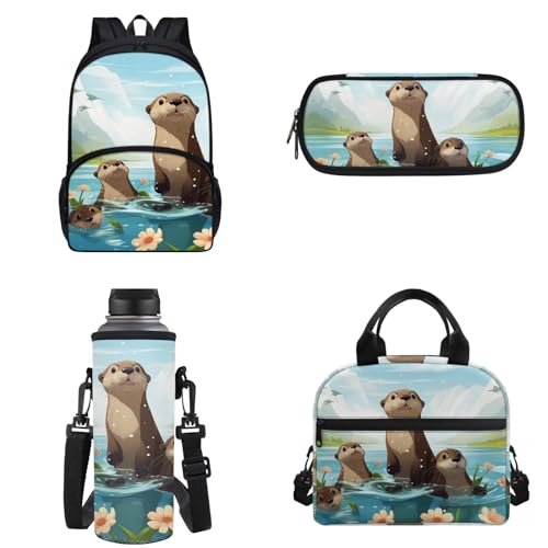 Binienty Kinder-Rucksack für Teenager, Mädchen, Jungen, Schultasche, 4-in-1-Set, Schultasche mit Lunchtasche, Federmäppchen, Wasserflaschentasche, Cartoon-Otter, Einheitsgröße von Binienty