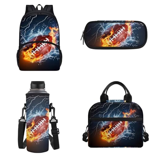 Binienty Kinder-Rucksack für Teenager, Mädchen, Jungen, Schultasche, 4-in-1-Set, Schultasche mit Lunchtasche, Federmäppchen, Wasserflaschentasche, Fire Rugby, Einheitsgröße von Binienty