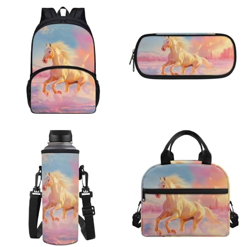 Binienty Kinder-Rucksack für Teenager, Mädchen, Jungen, Schultasche, 4-in-1-Set, Schultasche mit Lunchtasche, Federmäppchen, Wasserflaschentasche, Pinkes Pferd, Einheitsgröße von Binienty