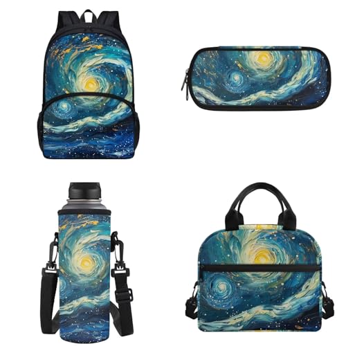 Binienty Kinder-Rucksack für Teenager, Mädchen, Jungen, Schultasche, 4-in-1-Set, Schultasche mit Lunchtasche, Federmäppchen, Wasserflaschentasche, Van Gogh Sternennacht, Einheitsgröße von Binienty