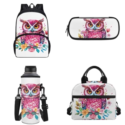 Binienty Kinder-Rucksack für Teenager, Mädchen, Jungen, Schultaschen-Set, lässige Schultasche mit Lunchtasche, Federmäppchen, Wasserflaschentasche, Cartoon Eule, Einheitsgröße von Binienty