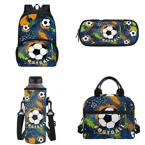 Binienty Kinder-Rucksack für Teenager, Mädchen, Jungen, Schultaschen-Set, lässige Schultasche mit Lunchtasche, Federmäppchen, Wasserflaschentasche, Cartoon-Fußball, Einheitsgröße von Binienty