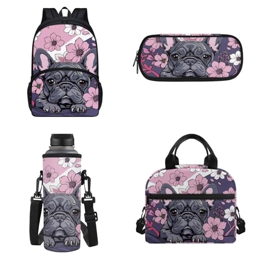 Binienty Kinder-Rucksack für Teenager, Mädchen, Jungen, Schultaschen-Set, lässige Schultasche mit Lunchtasche, Federmäppchen, Wasserflaschentasche, Hund mit Blume, Einheitsgröße von Binienty