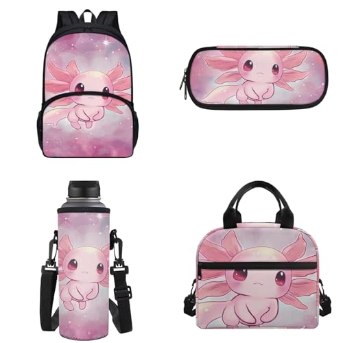 Binienty Kinder-Rucksack für Teenager, Mädchen, Jungen, Schultaschen-Set, lässige Schultasche mit Lunchtasche, Federmäppchen, Wasserflaschentasche, Rosa Axolotl, Einheitsgröße von Binienty