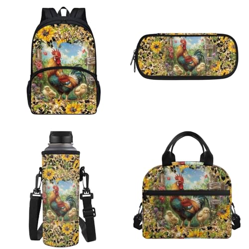 Binienty Kinder-Rucksack für Teenager, Mädchen, Jungen, Schultaschen-Set, lässige Schultasche mit Lunchtasche, Federmäppchen, Wasserflaschentasche, Sonnenblumen-Hahn, Einheitsgröße von Binienty