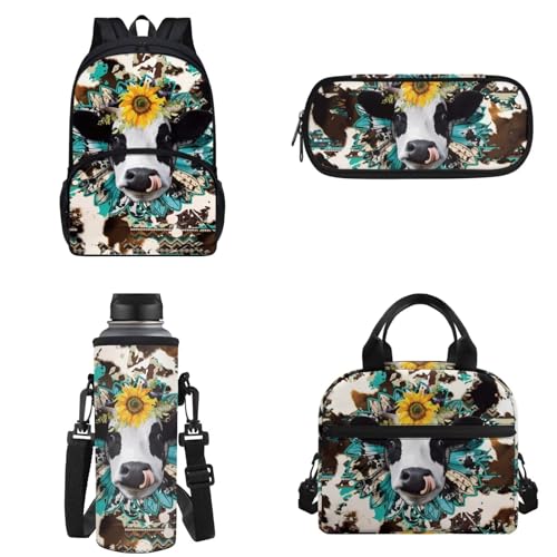 Binienty Kinder-Rucksack für Teenager, Mädchen, Jungen, Schultaschen-Set, lässige Schultasche mit Lunchtasche, Federmäppchen, Wasserflaschentasche, Sonnenblumenkuh, Einheitsgröße von Binienty