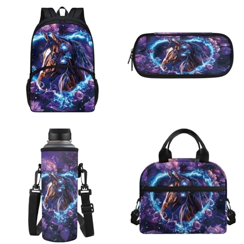 Binienty Kinder-Rucksack für Teenager, Mädchen, Jungen, Schultaschen-Set, lässige Schultasche mit Lunchtasche, Federmäppchen, Wasserflaschentasche, Violettes Rosenpferd, Einheitsgröße von Binienty