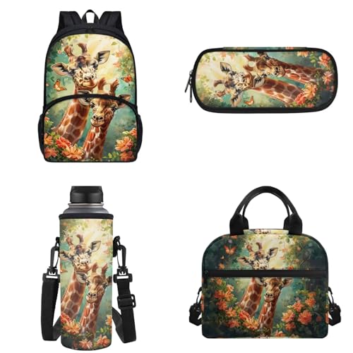 Binienty Kinder-Rucksack für Teenager, Mädchen, Jungen, Schultaschen-Set, lässige Schultasche mit Lunchtasche, Federmäppchen, Wasserflaschentasche, Waldgiraffe, Einheitsgröße von Binienty