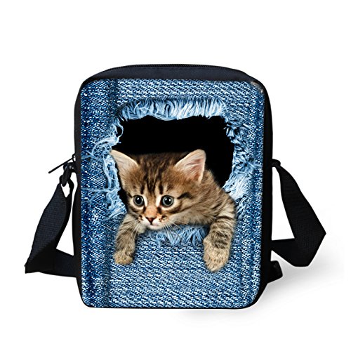 Binienty Kinder Messenger Bag Small Crossbody Schultertaschen für Reisen Schule Wandern, Denim Cat, Einheitsgröße von Binienty