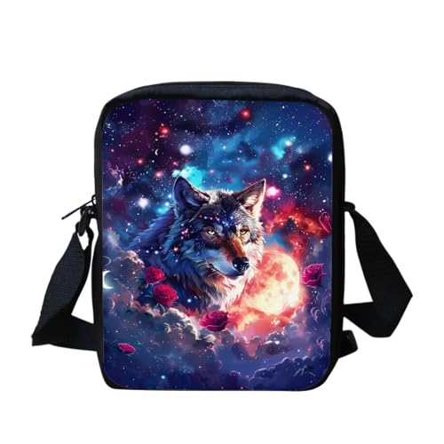 Binienty Kleine Umhängetasche für Damen und Mädchen, leichte Kuriertasche mit verstellbarem Schultergurt, Galaxy Rose Wolf, Einheitsgröße von Binienty