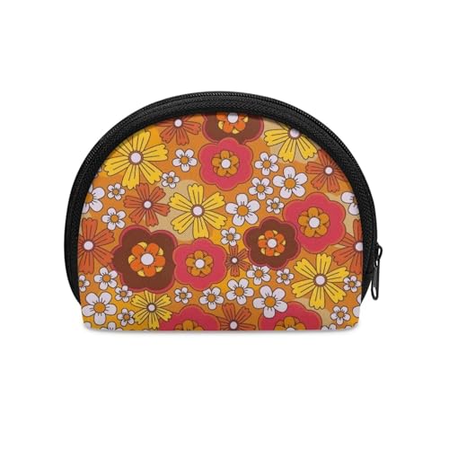 Binienty Mini-Geldbörse für Damen, unisex, modisch, Persönlichkeit, kleine Münzgeldbörse, Orangefarbene Hippie-Blumen, Münztasche von Binienty