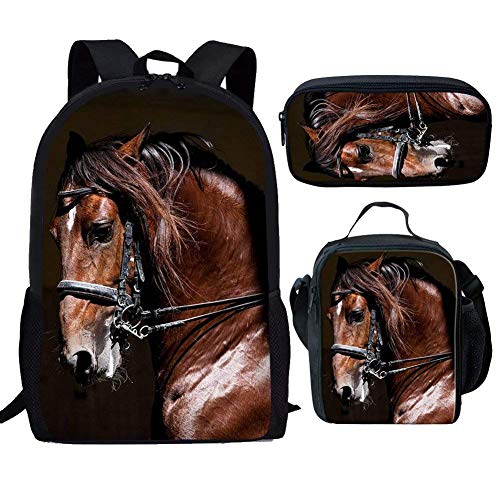 Binienty Modische Schultasche 3-in-1 für Kinder, Jungen, Mädchen, Rucksack + Lunch-Tasche + Federmäppchen, Braunes Pferd, Einheitsgröße, von Binienty