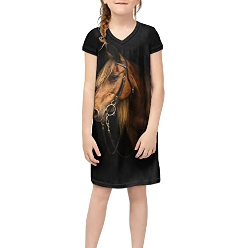 Binienty Niedliche Mädchen Kurzarm Rock T-Shirt Kleider V-Ausschnitt Grafikdruck für 4-14 Jahre alt, Pferdedruck, 12 Jahre von Binienty