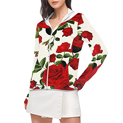 Binienty Retro Red Rose Damen Zip Up Kapuze UPF 50+ Sonnenschutz Radjacke Langarm Sonnenshirt für Wandern Outdoor von Binienty