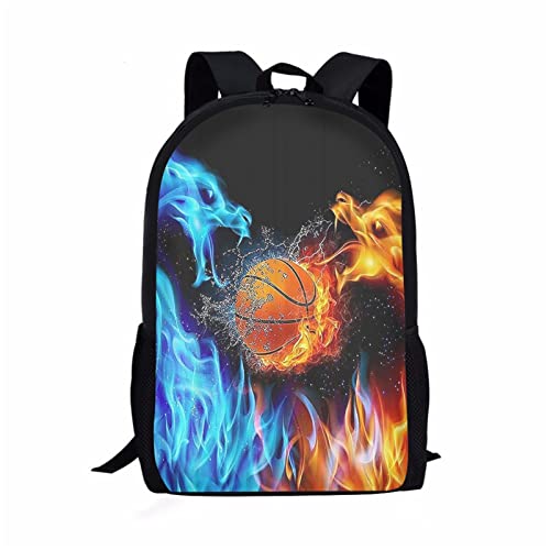 Binienty Schulrucksack für Kinder, Jungen, Mädchen, Teenager, leicht, Büchertasche, Laptop-Rucksack, lässiger Tagesrucksack, Basketball-Feuer, Einheitsgröße von Binienty