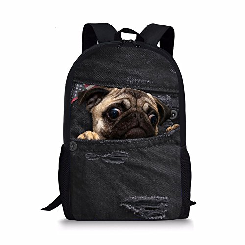 Binienty Schulrucksack für Kinder, Jungen, Mädchen, Teenager, leicht, Büchertasche, Laptop-Rucksack, lässiger Tagesrucksack, Mops, Einheitsgröße von Binienty