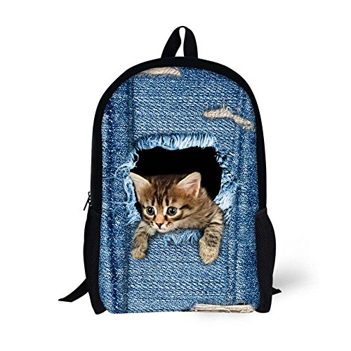 Binienty Schulrucksack für Kinder, Jungen, Mädchen, Teenager, leichte Büchertasche, Laptop-Rucksack, lässiger Tagesrucksack, Denim Cat, Einheitsgröße von Binienty