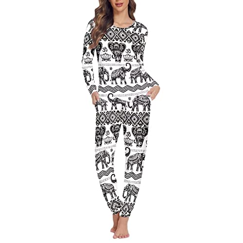 Binienty Weiches Damen-Schlafanzug-Set, langärmelig, Sweatshirt mit langer Hose, Nachtwäsche, Tribal Elefant, 38 von Binienty