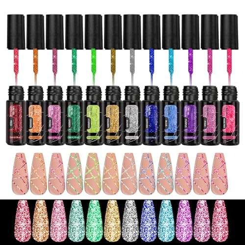 Biniveil Reflektierender Glitzer Gel Nagellack - 12 Farben Gel Nagellack in verschiedenen Nuancen,Lang Anhaltend Reflektierender Nagelliner Für Nageldesign Sommer Salon Party Frauen von Biniveil
