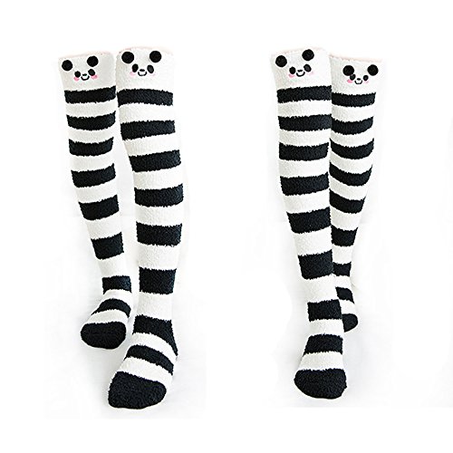 Binoster Netter Schaf Schenkel-hohe lange gestreifte Socken-Korallenrote Vlies-warme weiche über Kniestrümpfe, Frauen und Mädchen (Panda) von Binoster