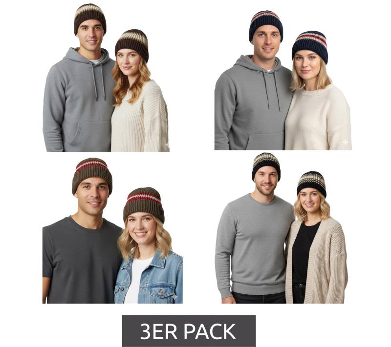 3er Sparpack Trust Co Unisex Häkel-Mütze Winter-Mütze weiche Strick-Mütze mit Streifen Baumwoll-Mütze Navy/Weiß, Braun/Weiß, Khaki/Weiß oder Navy/Rot von Bio-Domes Headgear